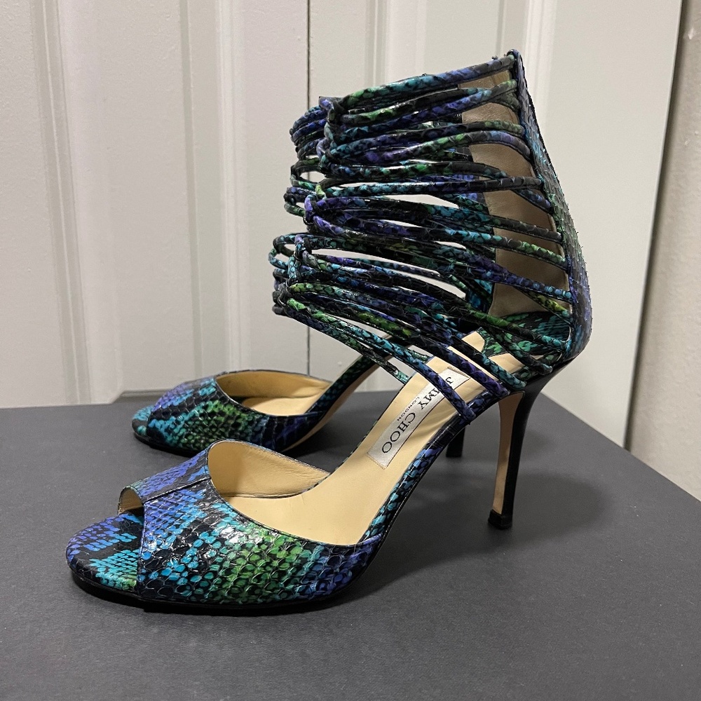Jimmy Choo Snakeskin Effect Open Toe Blue/Green Heel Sandals Sz IT 40/ US 9.5-10